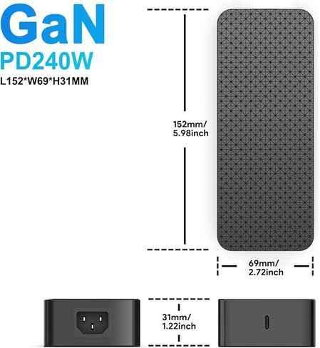 شاحن HKY 240W USB C 48V/5A 36V/5A 180W GaN PD3.1 مع كابل USB-C قابل للفصل للكمبيوتر المحمول الإطار 16 (2025)، NVIDIA DGX Spark، Thunderbolt 5 AI PC كمبيوتر محمول للألعاب، روبوت والمزيد من الأجهزة عالية الأداء in Kuwait