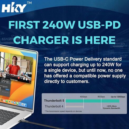 شاحن HKY 240W USB C 48V/5A 36V/5A 180W GaN PD3.1 مع كابل USB-C قابل للفصل للكمبيوتر المحمول الإطار 16 (2025)، NVIDIA DGX Spark، Thunderbolt 5 AI PC كمبيوتر محمول للألعاب، روبوت والمزيد من الأجهزة عالية الأداء in Kuwait