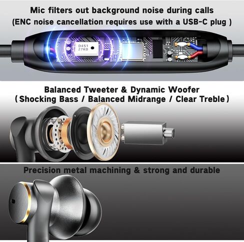 Wired Headphones Balance Powerful Bass & HD Audio Noise-cancelling Earbuds Wired Immersive Bass,(Four drive)Bass Boost In ear Earphones Universal 3.5mm & USB C Plug with Mic ENC Noise reduction calls in Kuwait
