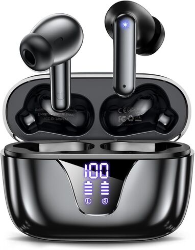 Wireless Earbuds Bluetooth Headphones, 50H Playtime Ear Buds with Mic and LED Digital Display Charging Case, IPX7 Waterproof in-Ear Earphone for iPhone Andriod Phone - Black in Kuwait