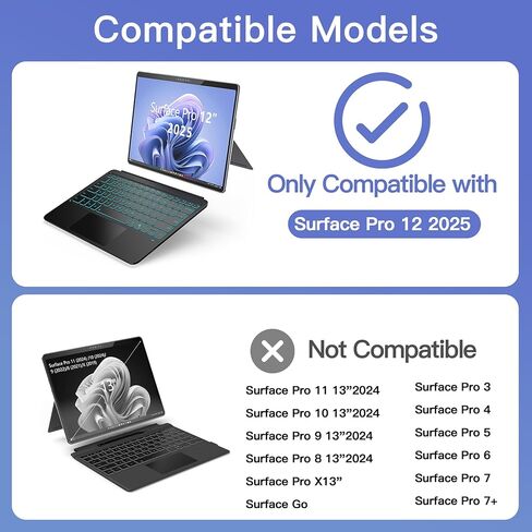 Surface Pro 12 Keyboard (2025), Wireless Keyboard for Microsoft Surface Pro 12 with Backlit Keys, Multi-Touch Trackpad, Ultra-Slim & Lightweight Magnetic Surface Keyboard with Auto Wake/Sleep in Kuwait