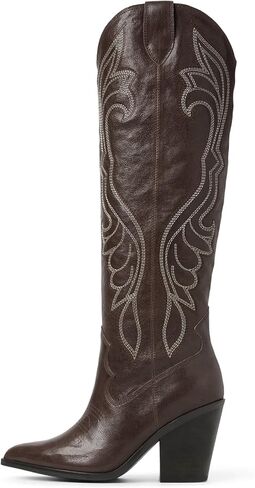 Celbreez Cowboy Boots for Women Knee High Cowgirl Boots with Embroidery Leather Pointed Toe Black Tall Cowboy Boot Chunky Heel Side Zip Western Boot Party Concert Country Shoes in Saudi Arabia