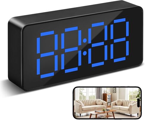 Mini Nanny Cam Camera Clock with WiFi - 1080P Digital Alarm Clock for Home and Office Use, 2.4G WiFi, Night Vision, Loop Recording, Wide Angle, Blue LED Display, Black in Kuwait
