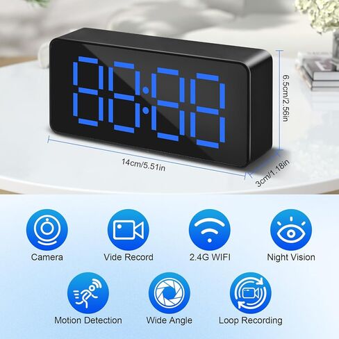 Mini Nanny Cam Camera Clock with WiFi - 1080P Digital Alarm Clock for Home and Office Use, 2.4G WiFi, Night Vision, Loop Recording, Wide Angle, Blue LED Display, Black in Kuwait