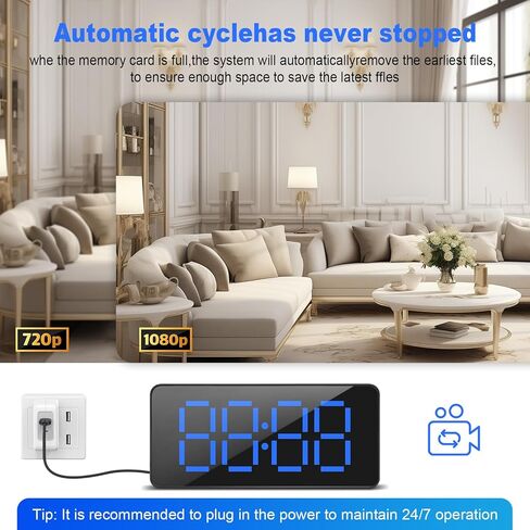 Mini Nanny Cam Camera Clock with WiFi - 1080P Digital Alarm Clock for Home and Office Use, 2.4G WiFi, Night Vision, Loop Recording, Wide Angle, Blue LED Display, Black in Kuwait