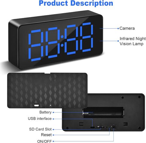 Mini Nanny Cam Camera Clock with WiFi - 1080P Digital Alarm Clock for Home and Office Use, 2.4G WiFi, Night Vision, Loop Recording, Wide Angle, Blue LED Display, Black in Kuwait