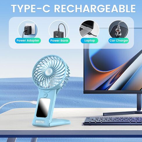 مروحة مكتبية محمولة باليد، 4 سرعات قابلة للتعديل، مروحة صغيرة ببطارية USB قابلة لإعادة الشحن مع مرآة مكياج للفتيات والنساء والرجال الأنيقين، للاستخدام الداخلي والخارجي. (أزرق غامق) in Kuwait