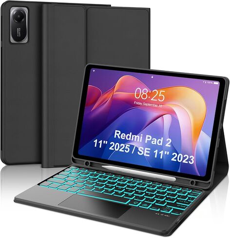 حافظة لوحة مفاتيح تعمل باللمس لجهاز Xiaomi Redmi Pad 2 11 بوصة 2025 وRedmi Pad SE 11 بوصة 2023 حافظة لوحة مفاتيح مع لوحة تتبع، غطاء لوحة مفاتيح بإضاءة خلفية لاسلكية قابلة للفصل مع فتحة قلم لجهاز Mi Pad2 11 بوصة، أسود in Kuwait