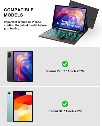 حافظة لوحة مفاتيح تعمل باللمس لجهاز Xiaomi Redmi Pad 2 11 بوصة 2025 وRedmi Pad SE 11 بوصة 2023 حافظة لوحة مفاتيح مع لوحة تتبع، غطاء لوحة مفاتيح بإضاءة خلفية لاسلكية قابلة للفصل مع فتحة قلم لجهاز Mi Pad2 11 بوصة، أسود in Kuwait