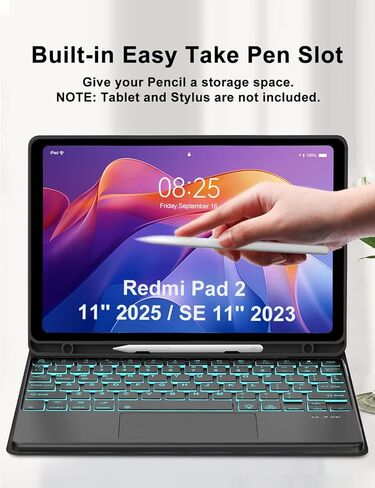 حافظة لوحة مفاتيح تعمل باللمس لجهاز Xiaomi Redmi Pad 2 11 بوصة 2025 وRedmi Pad SE 11 بوصة 2023 حافظة لوحة مفاتيح مع لوحة تتبع، غطاء لوحة مفاتيح بإضاءة خلفية لاسلكية قابلة للفصل مع فتحة قلم لجهاز Mi Pad2 11 بوصة، أسود in Kuwait
