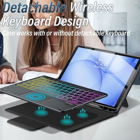 حافظة لوحة مفاتيح بإضاءة خلفية للوحة اللمس لجهاز Samsung Galaxy Tab A11+ Plus 11 بوصة 2025/A9+ Plus 2023، LDSOYIA Rainbow لوحة مفاتيح لاسلكية بإضاءة خلفية مع مسند PU متعدد الزوايا لجهاز 11 بوصة Tab A11+/A9+ in Kuwait