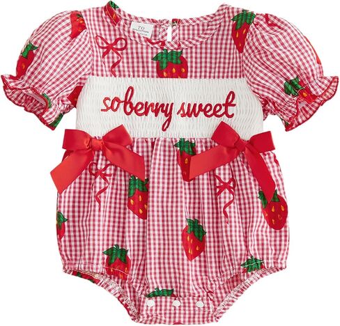 PUHHAPIEY Newborn Baby Girl Strawberry Onesie Crochet Bubble Romper | 0 3 6 12 18 Month Girl, Strawberry Crochet Baby Clothes, Fly Sleeve Smocked Bubble Romper, Summer Linen Onesie, Soft and Cute in Saudi Arabia