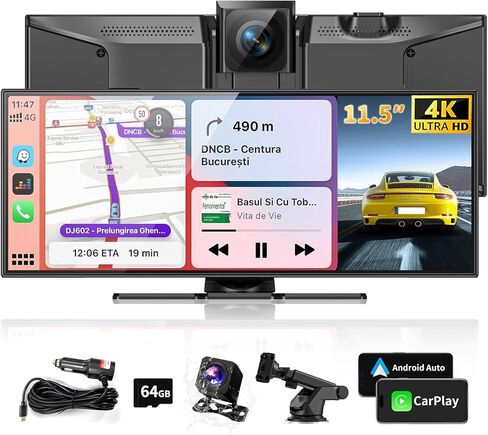 Largest 11.5" Portable Carplay Screen for Car, 4K Wireless Car Play & Android Auto, Upgrade Touchscreen with Dash Cam, App Control/Loop Recording/Backup Camera/Mirror Link/GPS/FM for All Vehicles in Kuwait