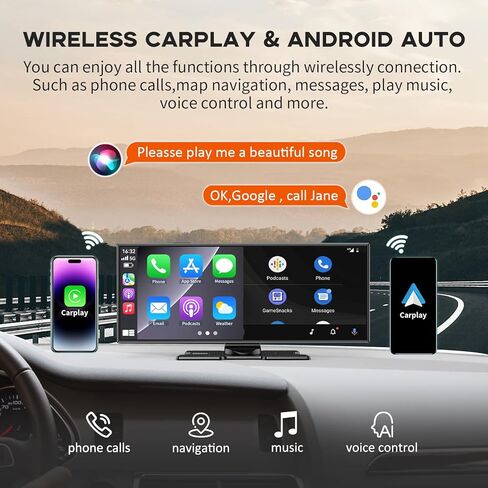 Largest 11.5" Portable Carplay Screen for Car, 4K Wireless Car Play & Android Auto, Upgrade Touchscreen with Dash Cam, App Control/Loop Recording/Backup Camera/Mirror Link/GPS/FM for All Vehicles in Kuwait