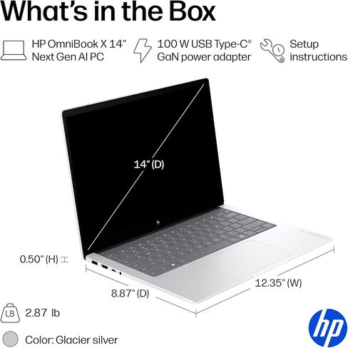 HP OmniBook X 14 inch Next Gen AI PC, 3K Touchscreen, Intel Core Ultra 7 356H, 24 GB RAM, 1 TB SSD, Intel Graphics, Windows 11 Home, Glacier Silver, 14-ka0099nr (2026) in Kuwait