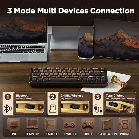 YUNZII WOOD68 لوحة مفاتيح ميكانيكية لاسلكية، لوحة مفاتيح ألعاب خشبية بتصميم 65%، BT/2.4G/USB-C، لوحة مفاتيح قابلة للتبديل السريع مع صينية بإضاءة خلفية RGB مع أغطية مفاتيح PBT Dye-Sub لأجهزة Mac & Win (خشب، مفتاح كاندي) in Kuwait