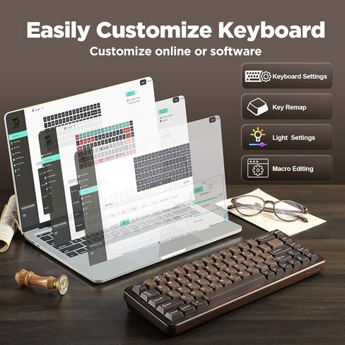 YUNZII WOOD68 لوحة مفاتيح ميكانيكية لاسلكية، لوحة مفاتيح ألعاب خشبية بتصميم 65%، BT/2.4G/USB-C، لوحة مفاتيح قابلة للتبديل السريع مع صينية بإضاءة خلفية RGB مع أغطية مفاتيح PBT Dye-Sub لأجهزة Mac & Win (خشب، مفتاح كاندي) in Kuwait