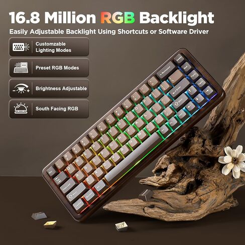 YUNZII WOOD68 لوحة مفاتيح ميكانيكية لاسلكية، لوحة مفاتيح ألعاب خشبية بتصميم 65%، BT/2.4G/USB-C، لوحة مفاتيح قابلة للتبديل السريع مع صينية بإضاءة خلفية RGB مع أغطية مفاتيح PBT Dye-Sub لأجهزة Mac & Win (خشب، مفتاح كاندي) in Kuwait