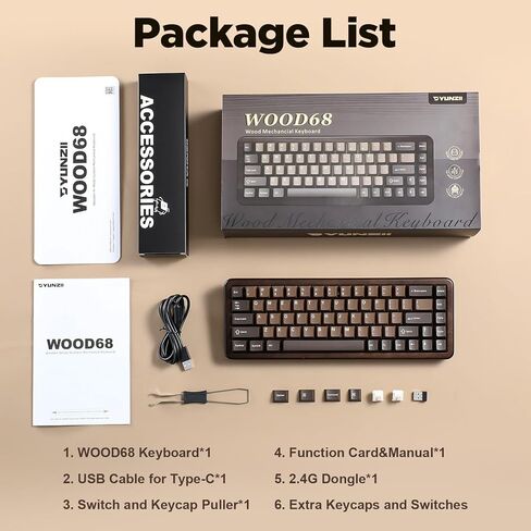 YUNZII WOOD68 لوحة مفاتيح ميكانيكية لاسلكية، لوحة مفاتيح ألعاب خشبية بتصميم 65%، BT/2.4G/USB-C، لوحة مفاتيح قابلة للتبديل السريع مع صينية بإضاءة خلفية RGB مع أغطية مفاتيح PBT Dye-Sub لأجهزة Mac & Win (خشب، مفتاح كاندي) in Kuwait
