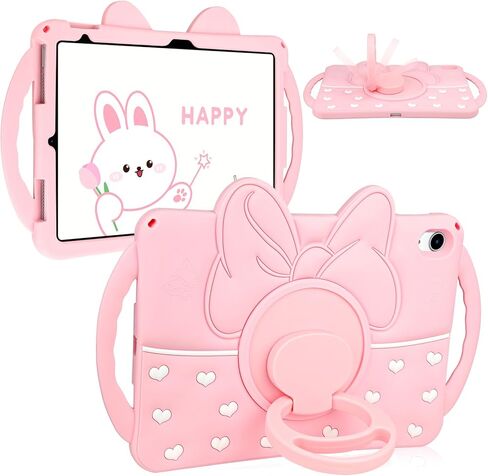 حافظة HianDier لجهاز iPad A16 الجيل الحادي عشر 11 بوصة، حافظة iPad الجيل العاشر 10.9 بوصة 2022 للأطفال البنات مع مقبض حامل دوار لطيف على شكل قلب من السيليكون الناعم غطاء لوحي A16 iPad 11th، وردي in Kuwait