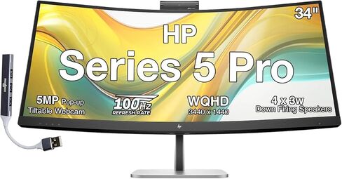شاشة مؤتمرات HP Series 5 Pro مقاس 34 بوصة WQHD USB-C، وكاميرا ويب منبثقة بدقة 5 ميجابكسل، ومكبرات صوت 4 × 3 وات، وإمالة، ودوران، وحامل لضبط الارتفاع، ومنفذ عرض، وموزع HDMI وDKZ USB، أسود/فضي in Saudi Arabia