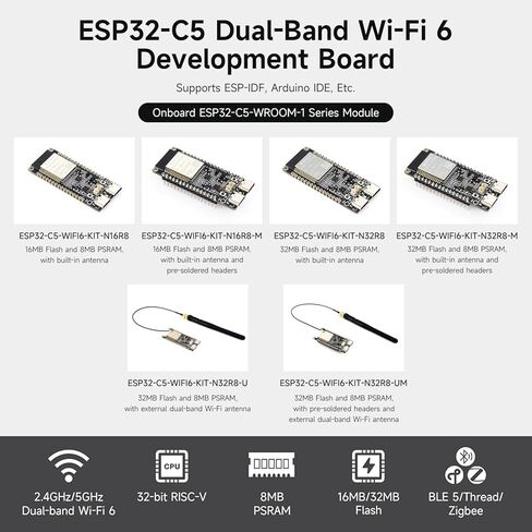 Waveshare ESP32-C5 لوحة تطوير Wi-Fi 6 ثنائية النطاق، 240 ميجاهرتز RISC-V، وحدة سلسلة ESP32-C5-WROOM-1، متعدد البروتوكولات RISC-V MCU، فلاش 32 ميجابايت وذاكرة PSRAM 8 ميجابايت، مع هوائي واي فاي خارجي ثنائي النطاق in Kuwait