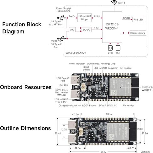 Waveshare ESP32-C5 لوحة تطوير Wi-Fi 6 ثنائية النطاق، 240 ميجاهرتز RISC-V، وحدة سلسلة ESP32-C5-WROOM-1، متعدد البروتوكولات RISC-V MCU، فلاش 32 ميجابايت وذاكرة PSRAM 8 ميجابايت، مع هوائي واي فاي خارجي ثنائي النطاق in Kuwait