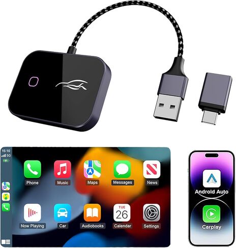 محول CarPlay اللاسلكي لهواتف iPhone وAndroid، تحويل سلكي إلى دونجل CarPlay لاسلكي، التوصيل والتشغيل USB-C، اتصال تلقائي، واي فاي 5 جيجا هرتز، متوافق مع iOS 10+ وAndroid 11+ Cars (أسود) in Kuwait