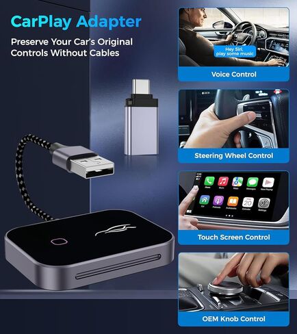 محول CarPlay اللاسلكي لهواتف iPhone وAndroid، تحويل سلكي إلى دونجل CarPlay لاسلكي، التوصيل والتشغيل USB-C، اتصال تلقائي، واي فاي 5 جيجا هرتز، متوافق مع iOS 10+ وAndroid 11+ Cars (أسود) in Kuwait