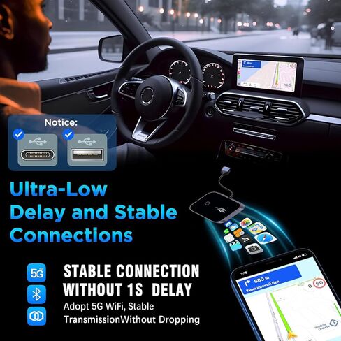 محول CarPlay اللاسلكي لهواتف iPhone وAndroid، تحويل سلكي إلى دونجل CarPlay لاسلكي، التوصيل والتشغيل USB-C، اتصال تلقائي، واي فاي 5 جيجا هرتز، متوافق مع iOS 10+ وAndroid 11+ Cars (أسود) in Kuwait