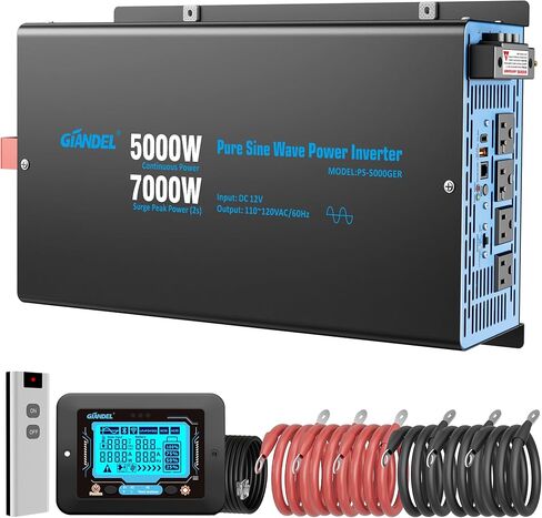 GIANDEL 5000W Pure Sine Wave Power Inverter 12V إلى 120V AC، 7000W Max، متوافق مع جميع بطاريات 12V، جهاز التحكم عن بعد Dua، منافذ 2x20Amps، 1x45amps Hardwire Ports، معتمدة من لجنة الاتصالات الفيدرالية (FCC) لمعسكرات RV خارج الشبكة الشمسية in Kuwait