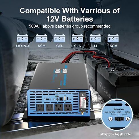 GIANDEL 5000W Pure Sine Wave Power Inverter 12V إلى 120V AC، 7000W Max، متوافق مع جميع بطاريات 12V، جهاز التحكم عن بعد Dua، منافذ 2x20Amps، 1x45amps Hardwire Ports، معتمدة من لجنة الاتصالات الفيدرالية (FCC) لمعسكرات RV خارج الشبكة الشمسية in Kuwait