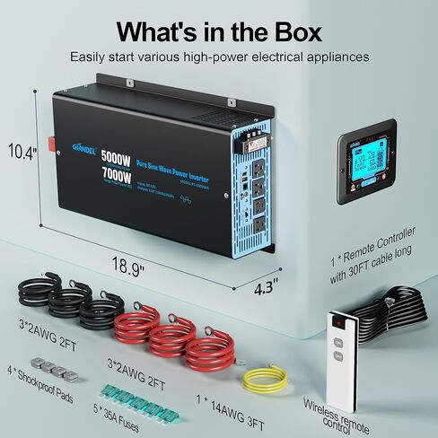 GIANDEL 5000W Pure Sine Wave Power Inverter 12V إلى 120V AC، 7000W Max، متوافق مع جميع بطاريات 12V، جهاز التحكم عن بعد Dua، منافذ 2x20Amps، 1x45amps Hardwire Ports، معتمدة من لجنة الاتصالات الفيدرالية (FCC) لمعسكرات RV خارج الشبكة الشمسية in Kuwait