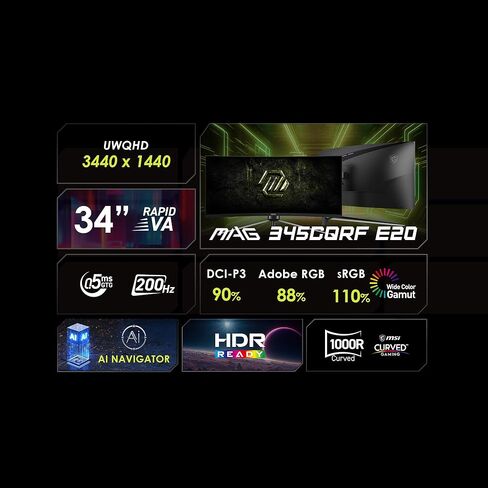 msi MAG 345CQRF E20 34-inch 3440 x 1440 (UWQHD) Gaming Monitor, 200Hz, Adaptive-Sync, HDR Ready, HDMI, VGA Port, VESA Mountable, Tilt, 4-Side Slim Bezel, 0.5ms, Black in Kuwait