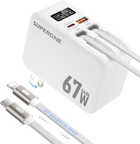 شاحن حائط قابل للسحب بقدرة 67 وات GaN من SUPERONE مع كابلات USB C وكابلات Apple بطول 3.3 أقدام [مضفرة من النايلون] - شاحن MacBook بشاشة ذكية 4 في 1، كتلة شحن سريعة لأجهزة iPhone 17/16/15/14، والكمبيوتر المحمول، وiPad، وPixel، وGalaxy in Kuwait