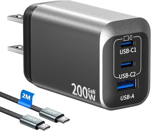 كتلة شحن USB C بقوة 200 وات، شاحن 3 منافذ PD 100 وات GaN، محور محطة شحن سريع متعدد المنافذ لأجهزة متعددة، متوافق مع أجهزة MacBook/iPad/iPhone/الكمبيوتر المحمول/Galaxy/Android مع كابل 2M C-C in Kuwait