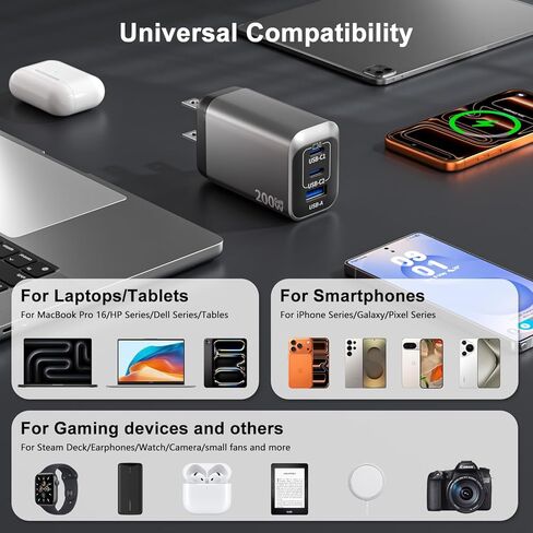 كتلة شحن USB C بقوة 200 وات، شاحن 3 منافذ PD 100 وات GaN، محور محطة شحن سريع متعدد المنافذ لأجهزة متعددة، متوافق مع أجهزة MacBook/iPad/iPhone/الكمبيوتر المحمول/Galaxy/Android مع كابل 2M C-C in Kuwait