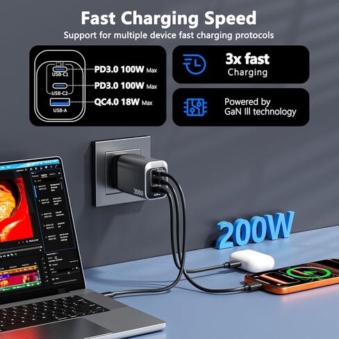 كتلة شحن USB C بقوة 200 وات، شاحن 3 منافذ PD 100 وات GaN، محور محطة شحن سريع متعدد المنافذ لأجهزة متعددة، متوافق مع أجهزة MacBook/iPad/iPhone/الكمبيوتر المحمول/Galaxy/Android مع كابل 2M C-C in Kuwait