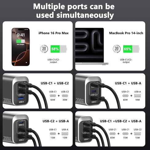 كتلة شحن USB C بقوة 200 وات، شاحن 3 منافذ PD 100 وات GaN، محور محطة شحن سريع متعدد المنافذ لأجهزة متعددة، متوافق مع أجهزة MacBook/iPad/iPhone/الكمبيوتر المحمول/Galaxy/Android مع كابل 2M C-C in Kuwait