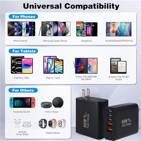 60W USB C Charger Block,2Pack 5-Port Fast USB C Phone Charger,Multiport iPhone Charger Fast Charging Brick,Type C Wall Charger Power Adapter Plug for iPhone 17 Pro Max/17 Air/16 Pro/15/14/13/12/11 Pro in Kuwait