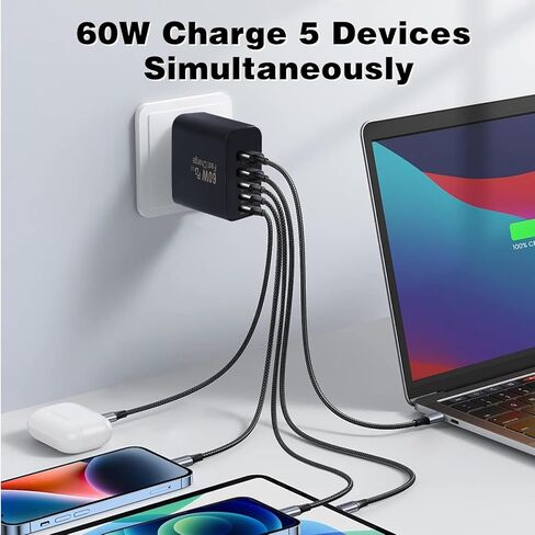 60W USB C Charger Block,2Pack 5-Port Fast USB C Phone Charger,Multiport iPhone Charger Fast Charging Brick,Type C Wall Charger Power Adapter Plug for iPhone 17 Pro Max/17 Air/16 Pro/15/14/13/12/11 Pro in Kuwait