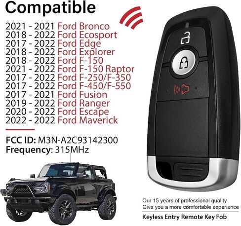 Car Key Fob Remote Keyless Entry Control M3N-A2C93142300 315MHz 3 Button Replacement for 2017-2022 Ford Bronco Ecosport Edge F-250 Fusion Maverick - 2 Pack in Kuwait