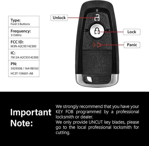 Car Key Fob Remote Keyless Entry Control M3N-A2C93142300 315MHz 3 Button Replacement for 2017-2022 Ford Bronco Ecosport Edge F-250 Fusion Maverick - 2 Pack in Kuwait