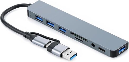 قطعة واحدة من موزع USB C 8 في 1 من الألومنيوم، موزع USB 3.0 مع قارئ بطاقة SD/TF، ​​موسع USB محمول فائق النحافة لنقل البيانات بسرعة 5 جيجابت في الثانية لأجهزة الكمبيوتر المحمول والكمبيوتر الشخصي ومحرك الأقراص المحمول والأقراص الصلبة والطابعة (فضي) in Kuwait