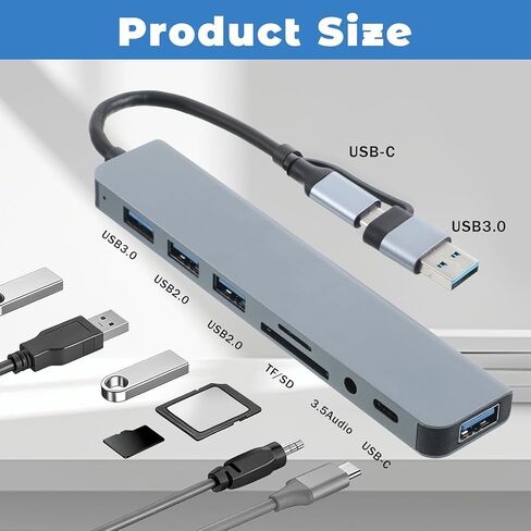 قطعة واحدة من موزع USB C 8 في 1 من الألومنيوم، موزع USB 3.0 مع قارئ بطاقة SD/TF، ​​موسع USB محمول فائق النحافة لنقل البيانات بسرعة 5 جيجابت في الثانية لأجهزة الكمبيوتر المحمول والكمبيوتر الشخصي ومحرك الأقراص المحمول والأقراص الصلبة والطابعة (فضي) in Kuwait