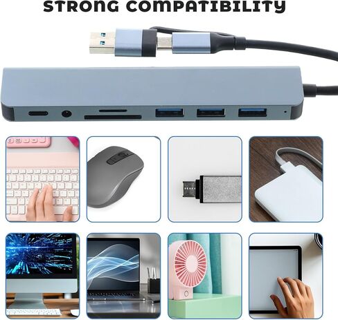 قطعة واحدة من موزع USB C 8 في 1 من الألومنيوم، موزع USB 3.0 مع قارئ بطاقة SD/TF، ​​موسع USB محمول فائق النحافة لنقل البيانات بسرعة 5 جيجابت في الثانية لأجهزة الكمبيوتر المحمول والكمبيوتر الشخصي ومحرك الأقراص المحمول والأقراص الصلبة والطابعة (فضي) in Kuwait