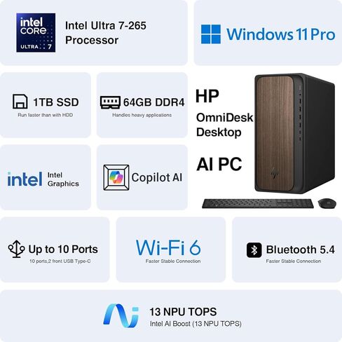 HP OmniDesk (Envy Next Brand) M03 Premium Business Next Gen AI PC Desktop (Intel Ultra 7-265 (>i9-14900), 64GB DDR5, 1TB SSD, WiFi 6, BT 5.4, DP, HDMI, Win11P) w/Wireless Keyboard & Mouse (Renewed) in Kuwait