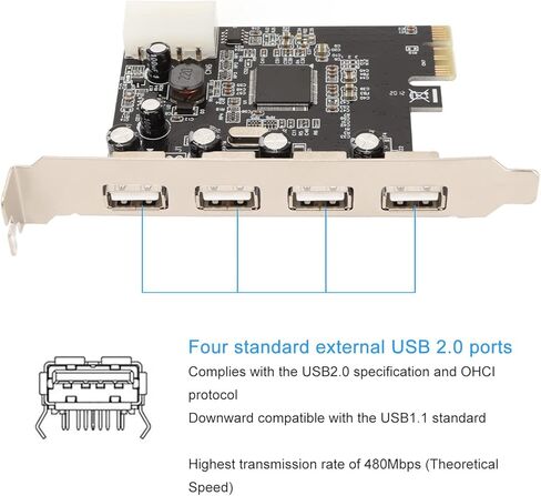بطاقة توسيع PCIe إلى USB 2.0، 4 منافذ 480 ميجا بايت / ثانية شريحة MOSCHIP مع مصدر طاقة 4Pin، لسطح المكتب PCI Express x1 x4 x8 x16 in Kuwait
