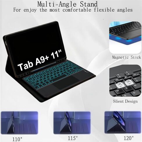 حافظة لجهاز Galaxy Tab A11 Plus مع لوحة مفاتيح/Galaxy Tab A9 Plus 11 بوصة، غطاء لوحة مفاتيح لوحي قابل للفصل بإضاءة خلفية 7 ألوان مع لوحة اللمس - غطاء لوحة مفاتيح فوليو قابل للفصل مع ماوس. (7CT أسود) in Kuwait