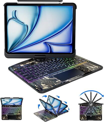 حافظة لوحة المفاتيح لجهاز Pad Air 13 بوصة وiPad Pro 12.9 بوصة، حافظة لوحة مفاتيح شفافة مع لوحة تتبع متعددة اللمس، حامل دوار 360 درجة، حامل أقلام، شاشة عرض البطارية، أسود in Kuwait